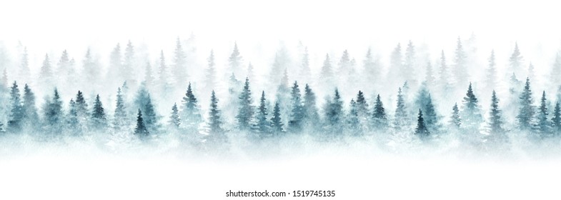 Seamless Pattern With Foggy Spruce Forest. Fir Trees Isolated On White Background.