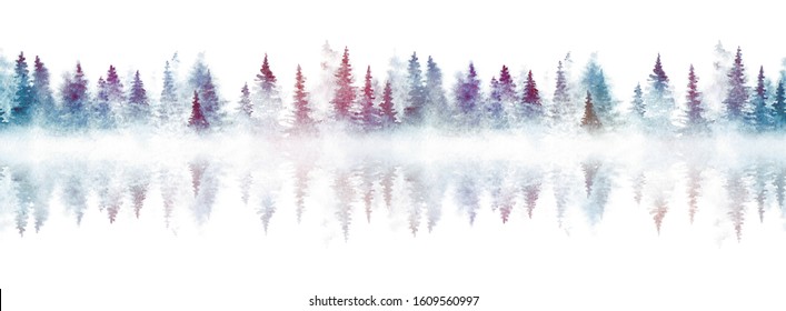 Seamless pattern with foggy spruce forest reflected in a river. Watercolor fir trees isolated on white background.