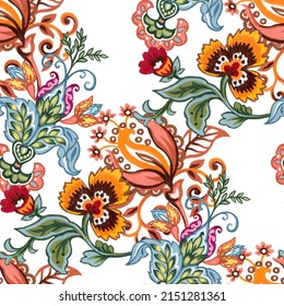 Seamless Pattern Folk Art Backdrop Botanical Flowers, Indian Colorful Floral Design Retro Blossom And Foliage Ornament Background Perfect For Wallpaper, Fabric Fashion