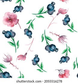 seamless pattern and forest botany  Watercolor background and blueberry  leaves  berries   Black currant for design  fabric  paper  wallpaper  packaging  Hand drawn illustration  honeysuckle 