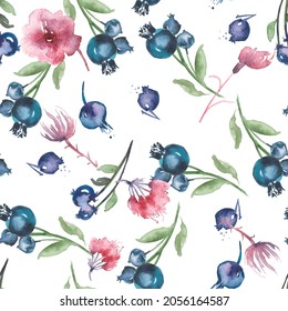 seamless pattern and forest botany  Watercolor background and blueberry  leaves  berries   Black currant for design  fabric  paper  wallpaper  packaging  Hand drawn illustration  honeysuckle 