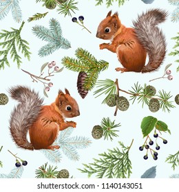 Seamless pattern with forest branches and squirrels on light blue. Highly detailed background design for Christmas, new year, festive products. Best for wrapping paper, fabric, packaging