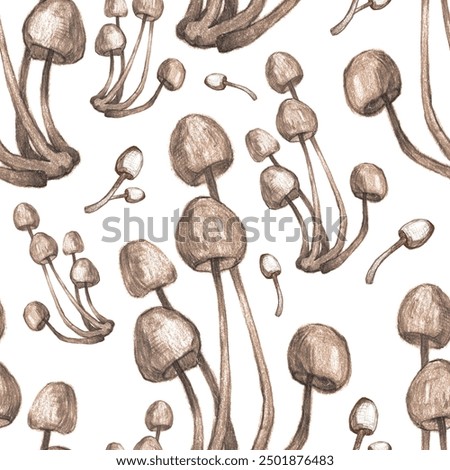 Seamless pattern with forest mushrooms on a white background. Black and white forest-themed pattern for textiles, packaging and creativity.