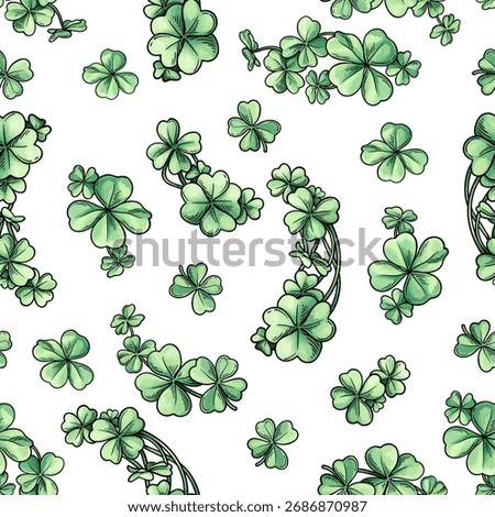 Seamless pattern of four leaf clovers, lucky shamrock on white background, repeatable design for St. Patrick's Day