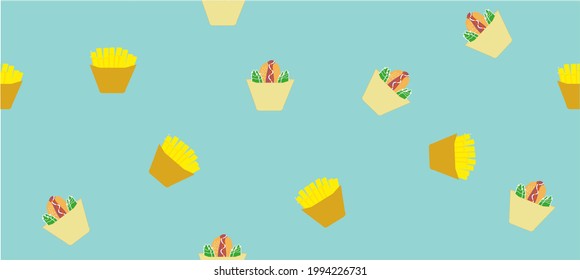 Seamless pattern with French fries and hot dogs, template for banner, fabric, poster, napkins, towels. The concept of National Hot Dog day. - Powered by Shutterstock