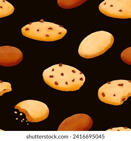 Seamless pattern of fresh delicious crispy sweet cookies. The pastry with pieces of chocolate and crumbs. yummy for a tea party and a snack. Isolated hand drawn digital watercolor illustration: print