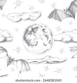 Seamless pattern with full moon and bats on white background. Pencil illustration on the theme of a magical forest for interior design, Halloween cards, invitations, printing on clothes