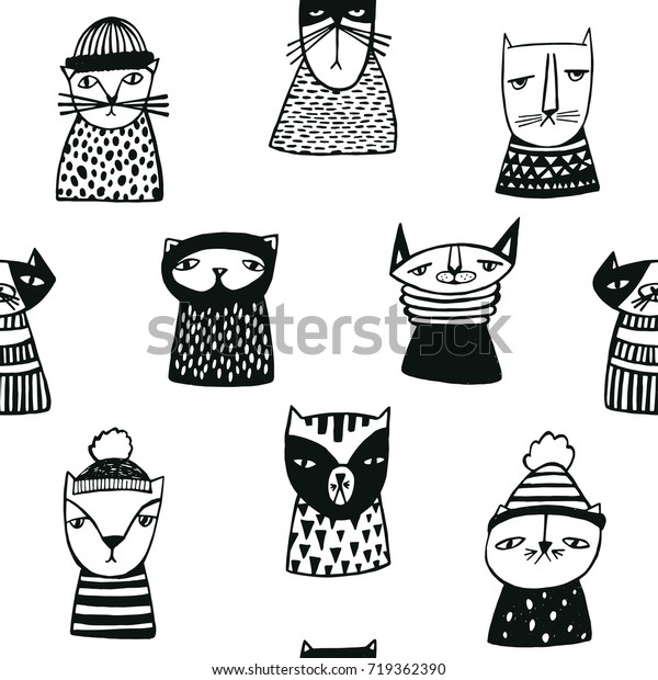 Seamless Pattern Funny Cartoon Cats Muzzles Stock Illustration 719362390