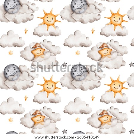 Seamless pattern with funny clouds, sun, moon, star; watercolor hand drawn illustration