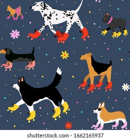 Seamless Pattern With Funny Dogs On Blue Background With Flowers. Dalmatian, Corgi, Dachshund, Chihuahua, French Bulldog, Airedale. Cartoon Dogs Of Different Breeds Roller Skating.