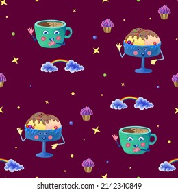 Seamless pattern with funny kawaii ice cream and coffee on a maroon background for menu design, websites, games, textiles, clothing, packaging - Powered by Shutterstock