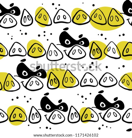 Seamless pattern with funny pig super hero face and nose in drawn comic style. Outline drawing. Good for packaging paper, package design, children's room interior decor, kid clothes prints.