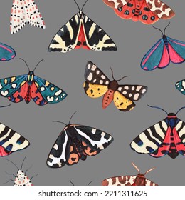 Seamless Pattern With Garden Tiger Moths, Arctiidae Family. Watercolor Illustration Of Beautiful Night Mots, Detailed And Isolated On White Background