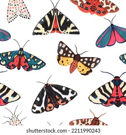 Seamless Pattern With Garden Tiger Moths, Arctiidae Family. Watercolor Illustration Of Beautiful Night Mots, Detailed And Isolated On White Background