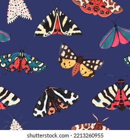 Seamless Pattern With Garden Tiger Moths, Arctiidae Family. Watercolor Illustration Of Beautiful Night Mots, Detailed And Isolated On White Background