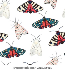 Seamless Pattern With Garden Tiger Moths, Arctiidae Family. Watercolor Illustration Of Beautiful Night Mots, Detailed And Isolated On White Background