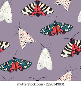 Seamless Pattern With Garden Tiger Moths, Arctiidae Family. Watercolor Illustration Of Beautiful Night Mots, Detailed And Isolated On White Background