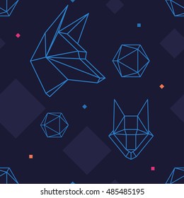 Seamless Pattern With Geometric Animal Wolf Head Drawn In Line Or Triangle Style. Illustration For Your Design. Raster Copy Of Vector File.