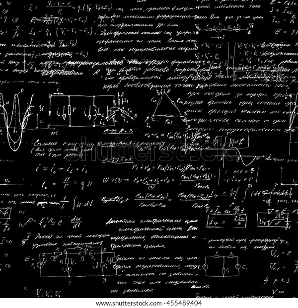 Seamless pattern of geometry,\
math, physics, electronic engineering subjects. Mathematics\
equation and calculations, endless hand writing. Black Background.\

