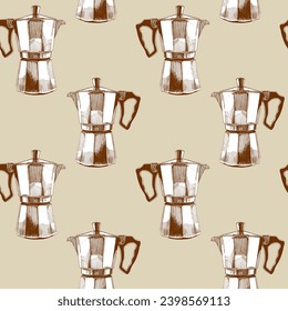 Seamless pattern of Geyser coffee maker. Hand drawn illustration. Brown on beige Brown background.  For fabric, sketchbook, wallpaper, wrapping paper. - Powered by Shutterstock