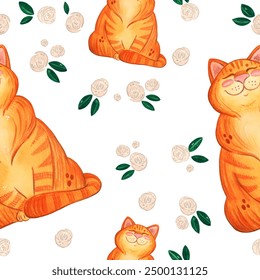 Seamless pattern with ginger cats among white roses and green leaves on a white background. Watercolor illustration hand drawn in a childish style. Drawing for paper, textiles, invitati - Powered by Shutterstock