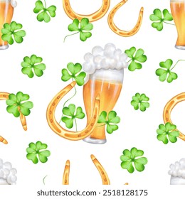 Seamless pattern with a glass of beer with a golden horseshoe and clover petals for St. Patrick's Day. Watercolor illustration. Symbol of good luck, wealth or success. Hand drawn isolated background. - Powered by Shutterstock