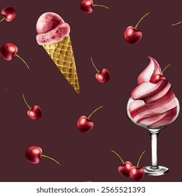 Seamless pattern with glass bowl with soft cherry ice cream, berries. Hand painting sweet watercolor illustration isolated on background. For designers, menu, shop, decoration, restaurant, for - Powered by Shutterstock