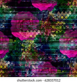 Seamless Pattern Glitch Design. Cyber Floral Background. Digital Print. Textile Print For Bed Linen, Jacket, Package Design, Fabric And Fashion Concepts.