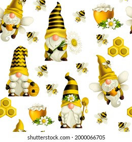 Seamless pattern of gnome and bees,  flying dwarf bee, girl and beehive holiday honey and bee products, summer gnomes, hand-drawn seamless illustrations for printing on paper and textiles.