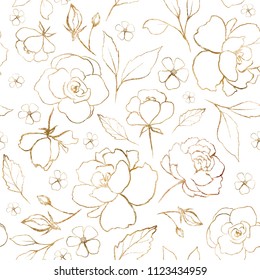 Seamless Pattern With Gold Flowers And Leaves. Hand Drawn Background.  Floral Pattern For Wallpaper Or Fabric. Flower Rose. Botanic Tile.