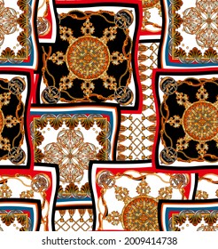 Seamless pattern with golden baroque in square for textile print, wallpaper. Stylish patchwork composition.