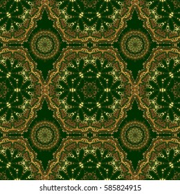 Seamless pattern with golden elements. Gold grid on a green background.