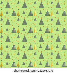 Seamless pattern and golden gradient Christmas trees light green background
