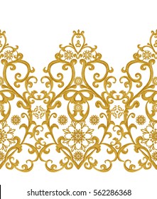 Seamless Pattern. Golden Textured Curls. Oriental Style Arabesques. Brilliant Lace, Stylized Flowers. Openwork Weaving Delicate, Golden Background.