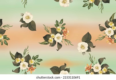 Seamless pattern gradient garden  Flowers   leaves smooth gradient color tones that recall an ancient sunset 