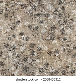 Seamless pattern with graphic flowers on canvas background. Vintage illustration. Monochrome colors.