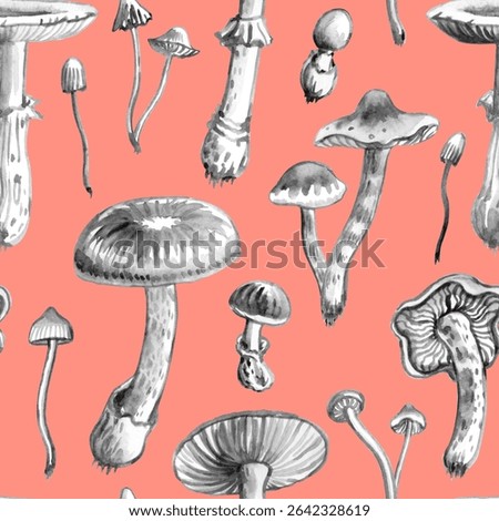 Seamless pattern of gray mushrooms on peach pink, coral background, watercolor illustration. print for fabric and other surfaces.