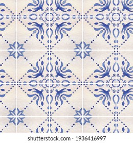 Seamless pattern with Greek tile ornament. Azulejos Portugal, Moroccan blue mosaic. Illustrations hand-drawn in watercolor.