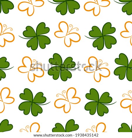 seamless pattern with green clover leaf and butterfly contour on white