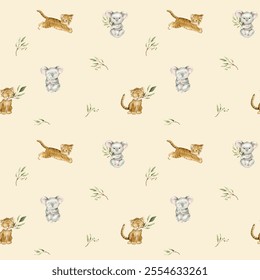 Seamless pattern with green eucalyptus leaves and cute tiger and koala. Watercolor isolated illustration on light orange background. Cartoon kids print with animals minimalist scandinavian style.