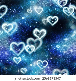 Seamless pattern with green galaxy background with stars and hearts. Repeating texture for Valentine's day decoration.  