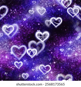 Seamless pattern with green galaxy background with stars and hearts. Repeating texture for Valentine's day decoration.  