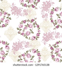 seamless pattern with green leafy pink roses with heart on white background