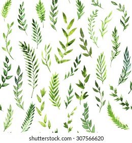 seamless pattern with green leaves,  abstract branches drawing by watercolor at white background, hand drawn artistic painting backdrop