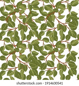 Seamless Pattern Of Green Leaves On Tree Branches Flat Illustration On White Background.