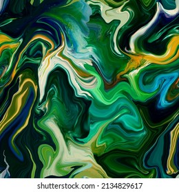 Seamless pattern in green marble. Malahite imitation, epoxy resin, liquid acrylic, ink, alcohol. Trendy textura, print. Marble green embossed background. Decorative illustration.
