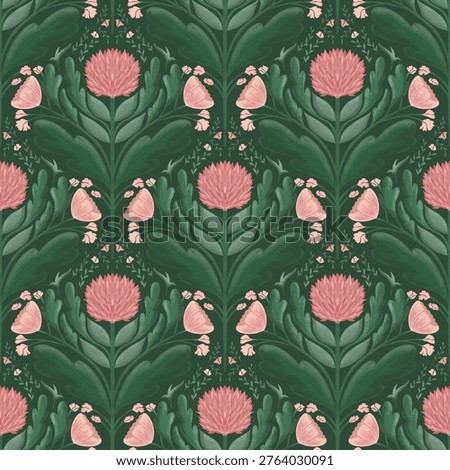 Seamless pattern green pink botanical handdrawn flowers