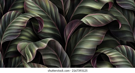 Seamless Pattern, Green Tropical Leaves. Luxury Texture, Premium Wallpaper, Mural. Dark Background, 3d Illustration, Watercolor Technique. Digital Wall Art, Paper, Cloth, Fabric Printing, Interiors