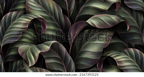 Seamless pattern, green tropical leaves. Luxury\
texture, premium wallpaper, mural. Dark background, 3d\
illustration, watercolor technique. Digital wall art, paper, cloth,\
fabric printing,\
interiors