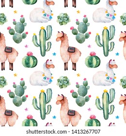 Seamless Pattern With Green Watercolor Cactus,succulents, Multicolored Flowers And Cute Llamas.Nature Background.Perfect For Your Project,wedding,print,packaging Design,wallpaper,pattern,texture.